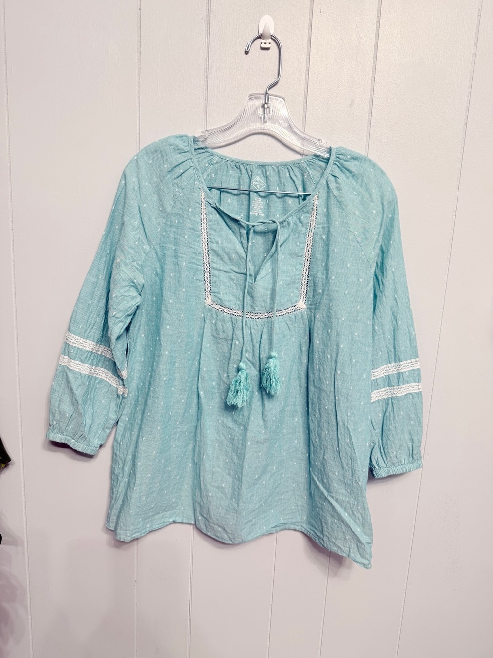 #19)  St. John's Bay Light Teal Tassel Peasant Cotton Tunic